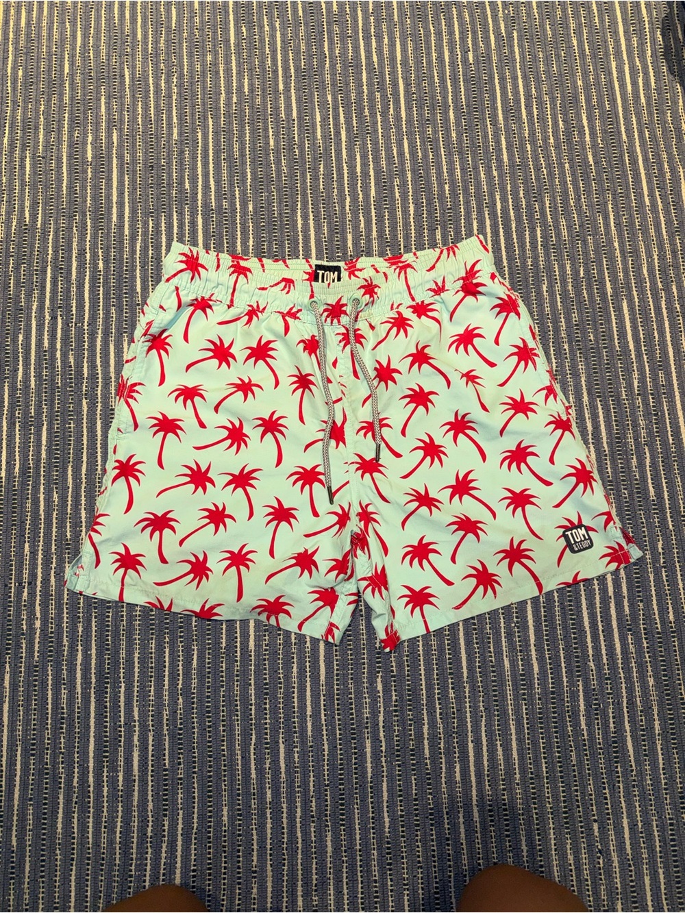 Tom & Teddy Mint Swim Shorts with Red Palm Print with no liner 5 inch